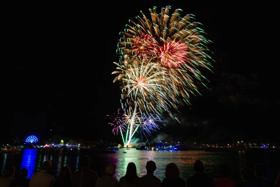 A group of people silhouetted against a colourful fireworks display over a body of water. The night sky is illuminated with vibrant bursts of red, green, and gold, reflecting on the calm water surface, with city lights in the background.