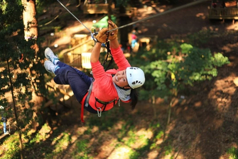 A woman wearing a helmet and gloves is ziplining through a forest. She is smiling and wearing a red top, navy pants, and white sneakers. The background shows trees and wooden platforms in dappled sunlight.