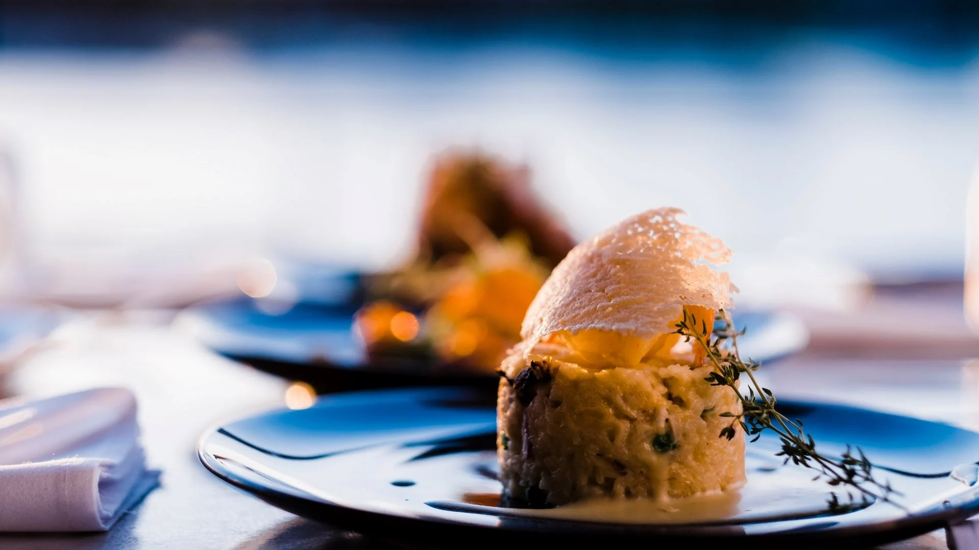 Gourmet dish on a dark plate featuring a stack of savoury food garnished with herbs and a delicate, crispy wafer on top. The background is softly blurred, creating an elegant dining atmosphere.
