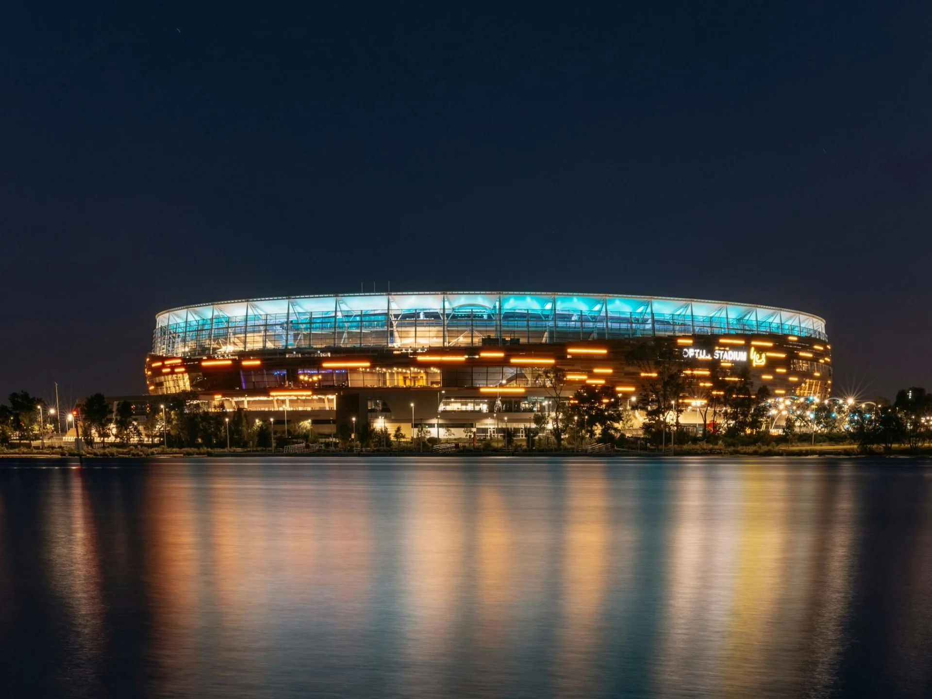 View of Optus Stadium from the Swan River in Burswood