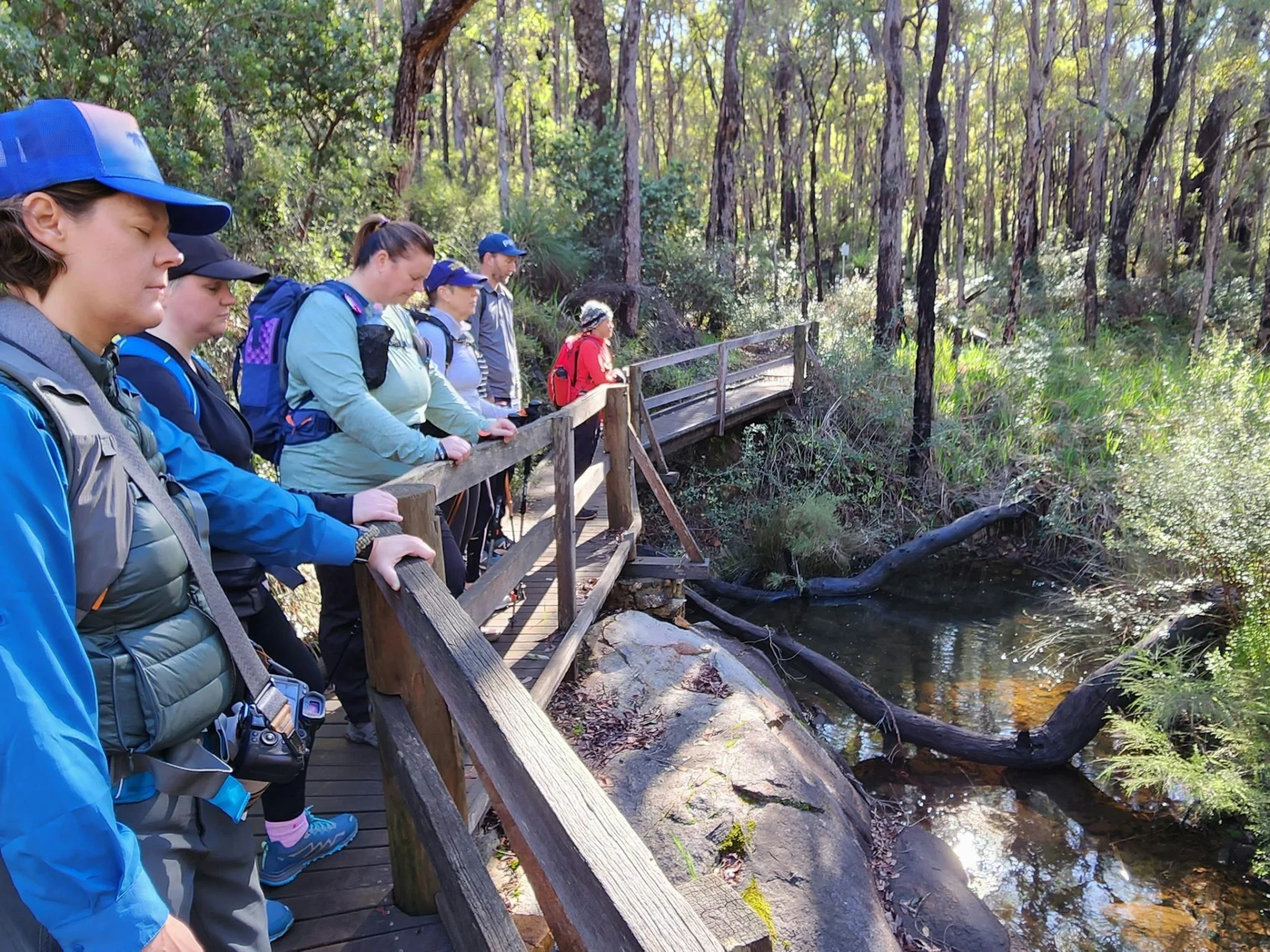 Hikers enjoying mindful moment on bridge with trees in background