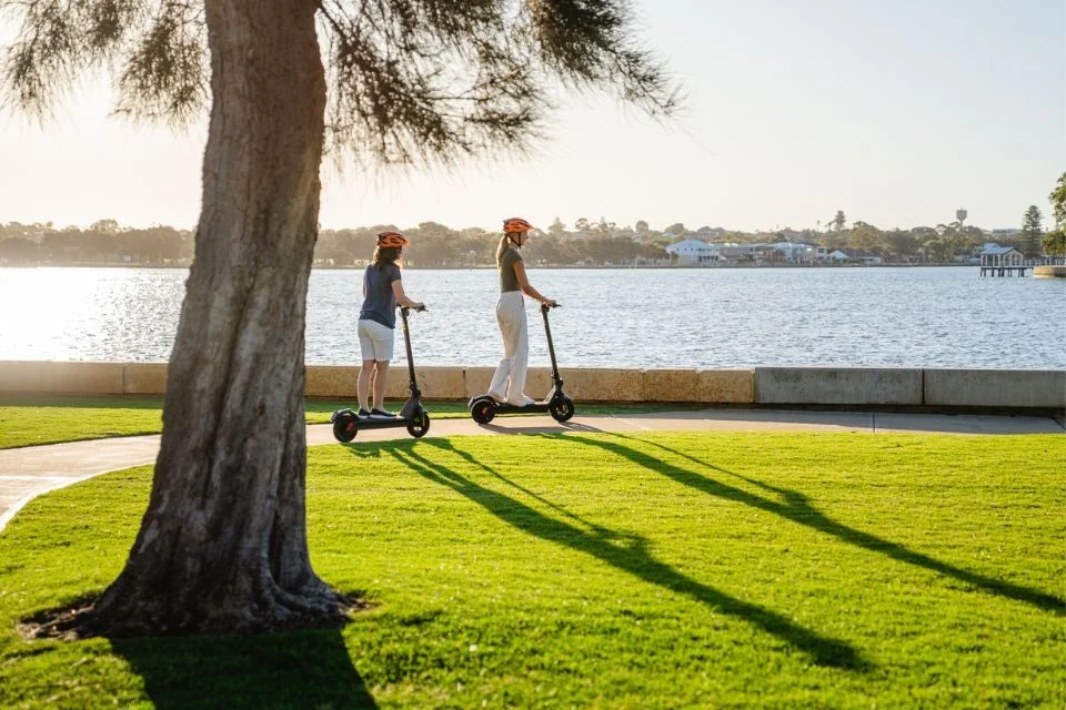 Two people wearing helmets ride electric scooters on a lakeside path, casting long shadows on the grass. A large tree is in the foreground, and the lake is calm under a clear sky.