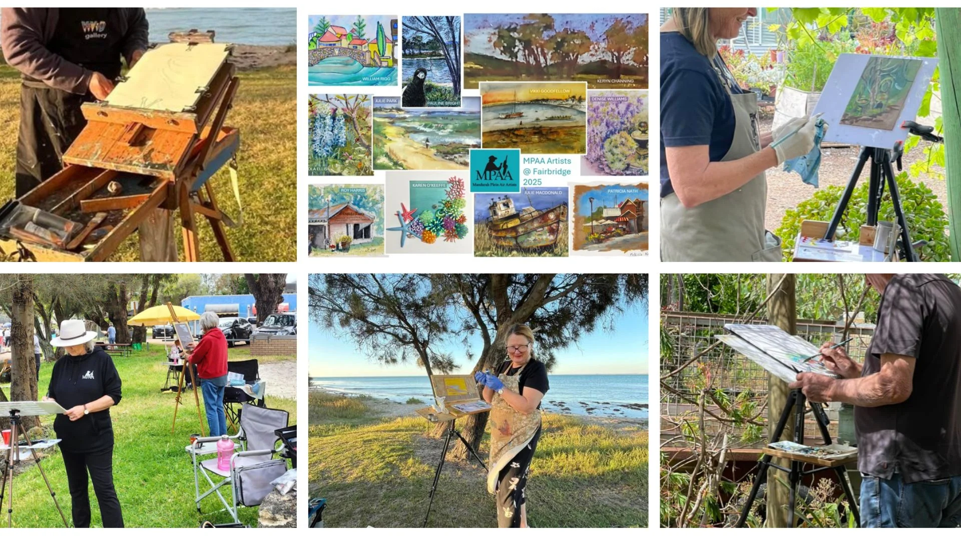 A collage shows artists painting outdoors on easels by the sea and in gardens, along with various colorful landscape paintings displayed in the center panel.