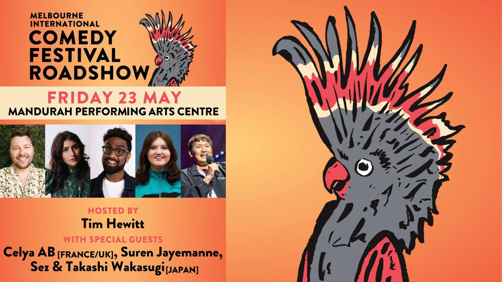 Event poster for the Melbourne International Comedy Festival Roadshow, featuring photos of comedians and an illustrated red-cheeked black cockatoo on an orange background. Event details are listed for May 23 at Mandurah Performing Arts Centre.