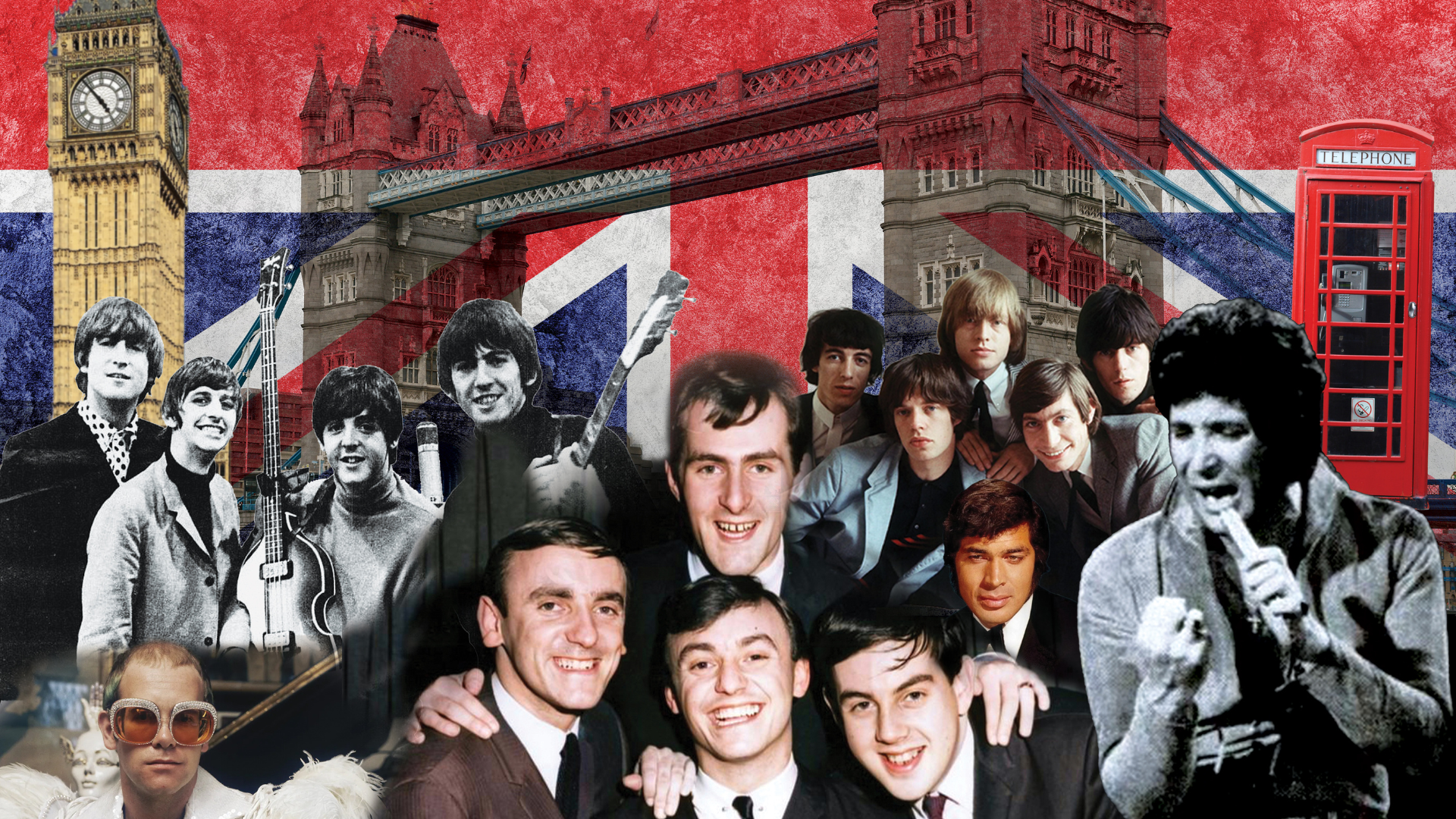 A collage of 1960s British pop culture featuring Big Ben, Tower Bridge, a red phone booth, Union Jack flag, famous musicians, and bands including group portraits and singers performing.