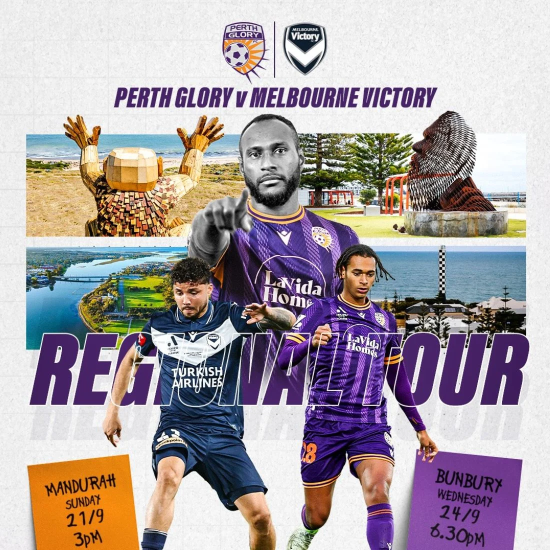 Promotional graphic for a Perth Glory vs Melbourne Victory match, featuring players in action, regional monuments, team logos, and match details: Mandurah on 17/9 at 3pm and Bunbury on 24/9 at 6:30pm.