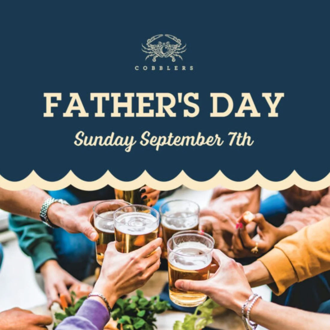 Father’s Day event poster for Cobblers. People are clinking glasses over a table with food. Text reads: Father’s Day, Sunday September 7th. Blue and cream color scheme.