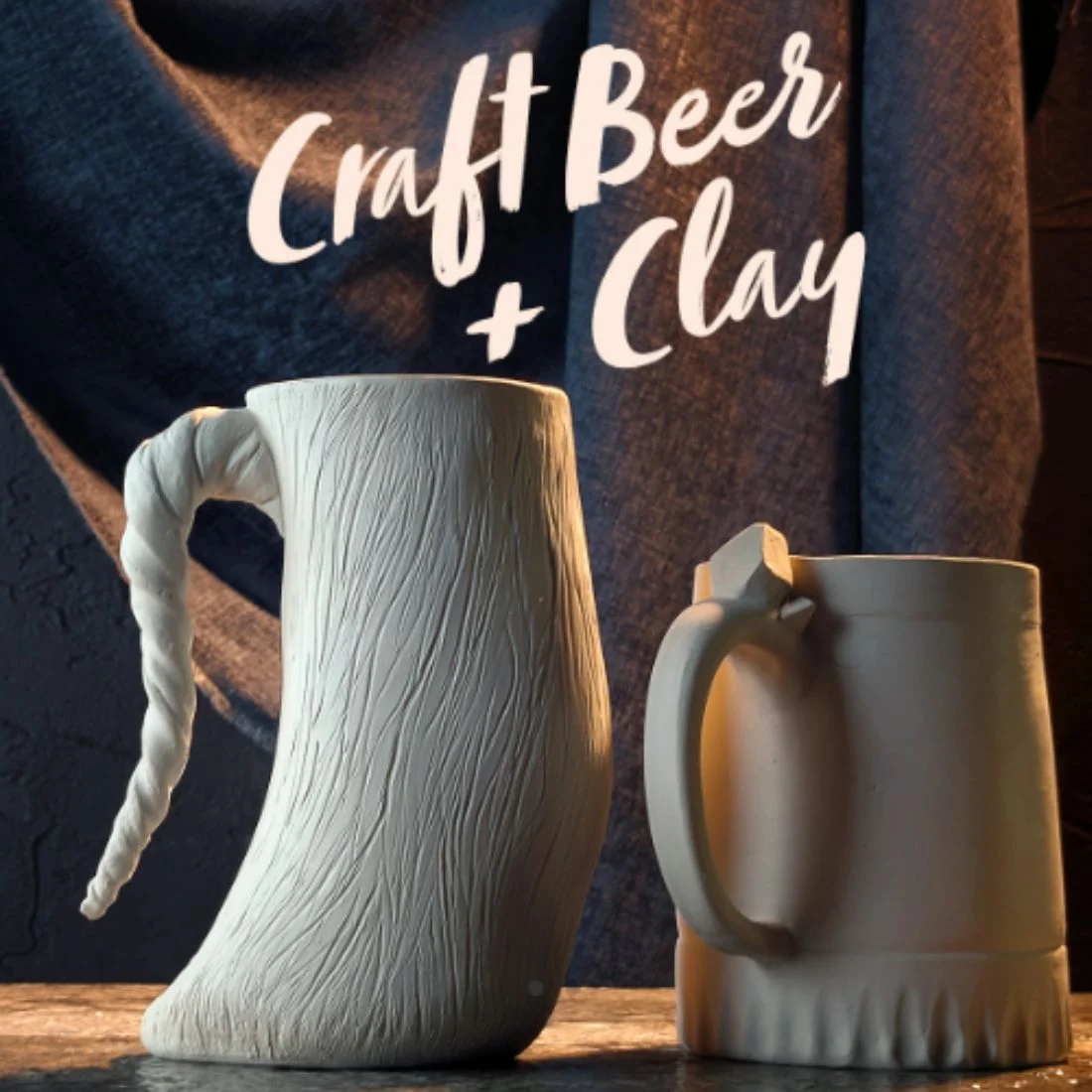 Two handcrafted ceramic mugs, one shaped like a horn with a twisted handle and woodgrain texture, the other with faceted details, sit side by side. Text above reads Craft Beer + Clay against a dark, textured fabric background.