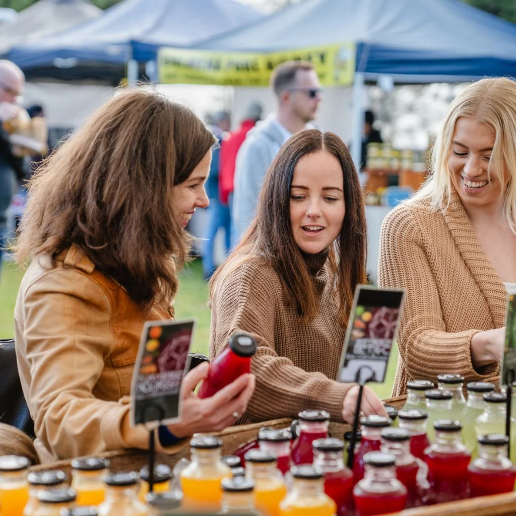 Three women at an outdoor market examine bottles of juice at a vendor booth. They are smiling and wearing sweaters, with colorful bottles of juice displayed in front of them and tents in the background.