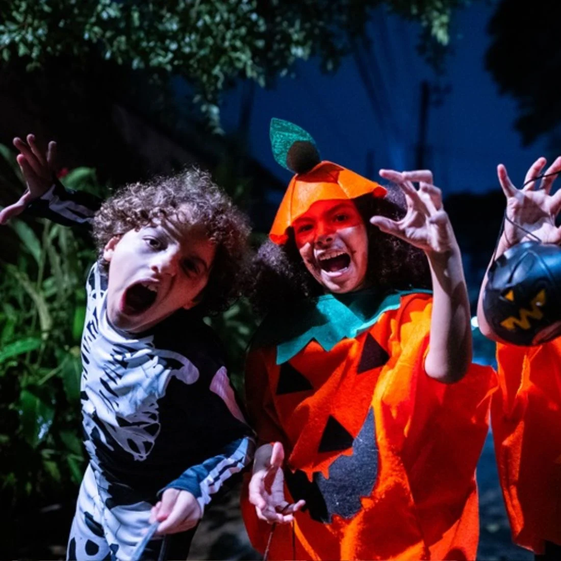 Two kids dressed in halloween costumes