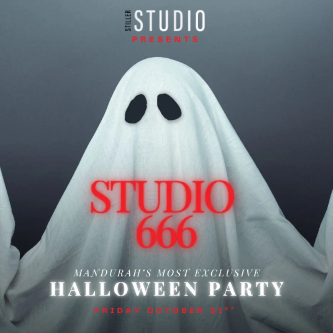 A person dressed as a ghost with a white sheet and black eye holes stands behind text promoting STUDIO 666 Halloween Party, happening on Friday, October 31st, at STUDIO in Mandurah.