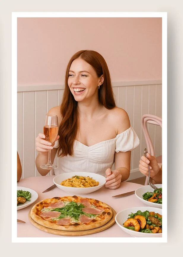 A smiling woman in a white off-the-shoulder dress sits at a pink table with a glass of rosé, a plate of pasta, a pizza, and bowls of salad in front of her. The background is light pink with white paneling.
