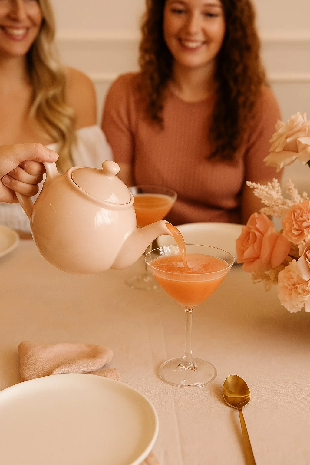 Women sitting around a table with a pink teapot and flowers pouring tea.