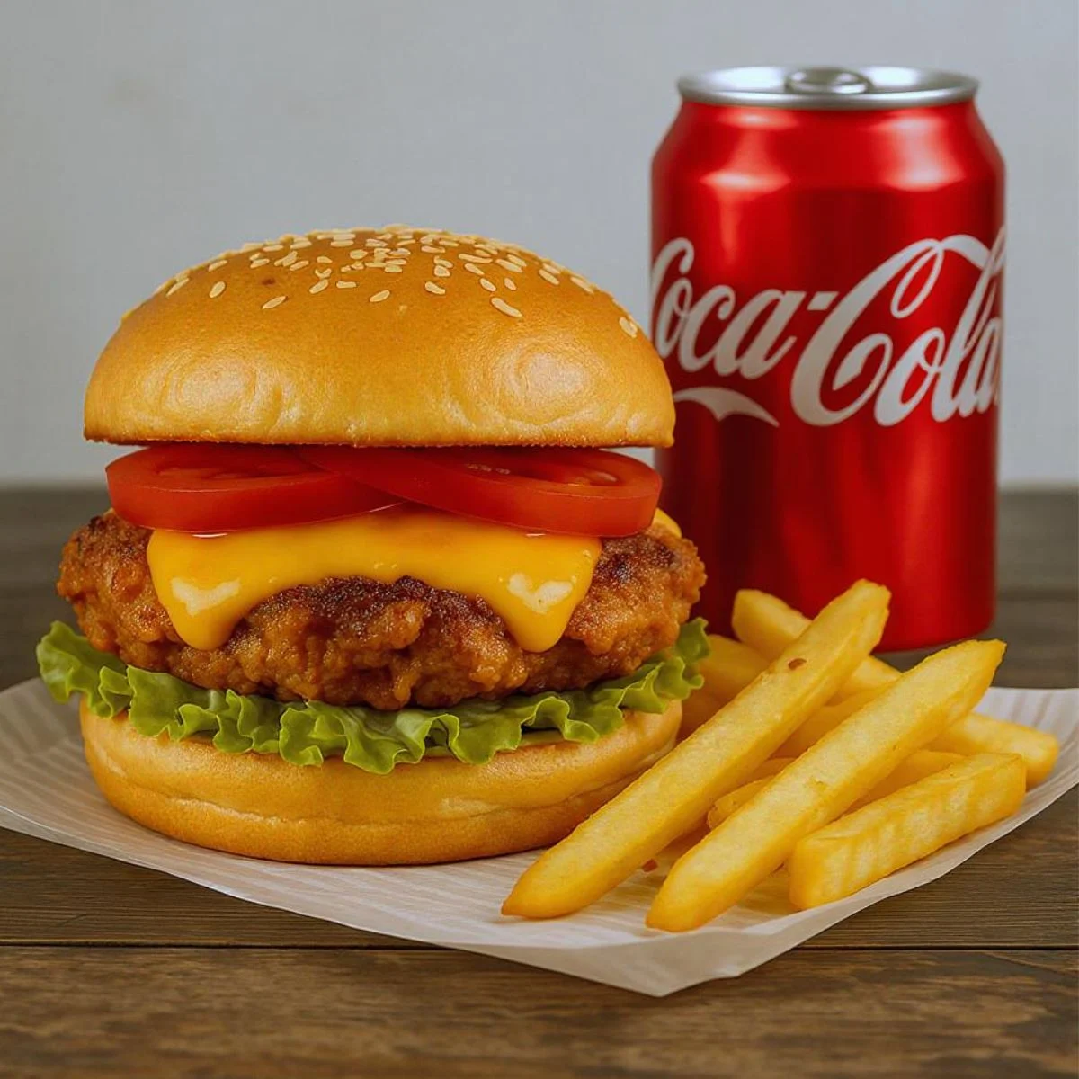 A chicken burger with lettuce, tomato, and cheese sits on a paper sheet next to golden French fries and a red can of Coca-Cola on a wooden surface.