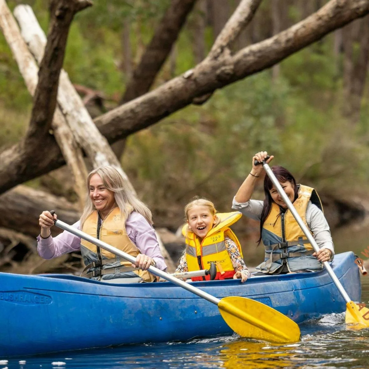 Three people wearing life jackets paddle a blue canoe on a river, surrounded by trees. Two adults are smiling and paddling, while a young child in the middle looks excited and happy.