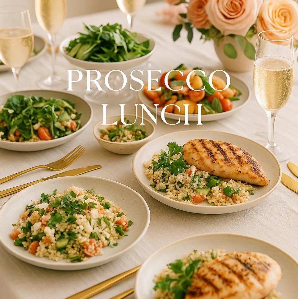 A table set for a meal with plates of grilled chicken, couscous salad, green salad, glasses of prosecco, gold cutlery, and a vase of peach roses. The text PROSECCO LUNCH is overlaid on the image.