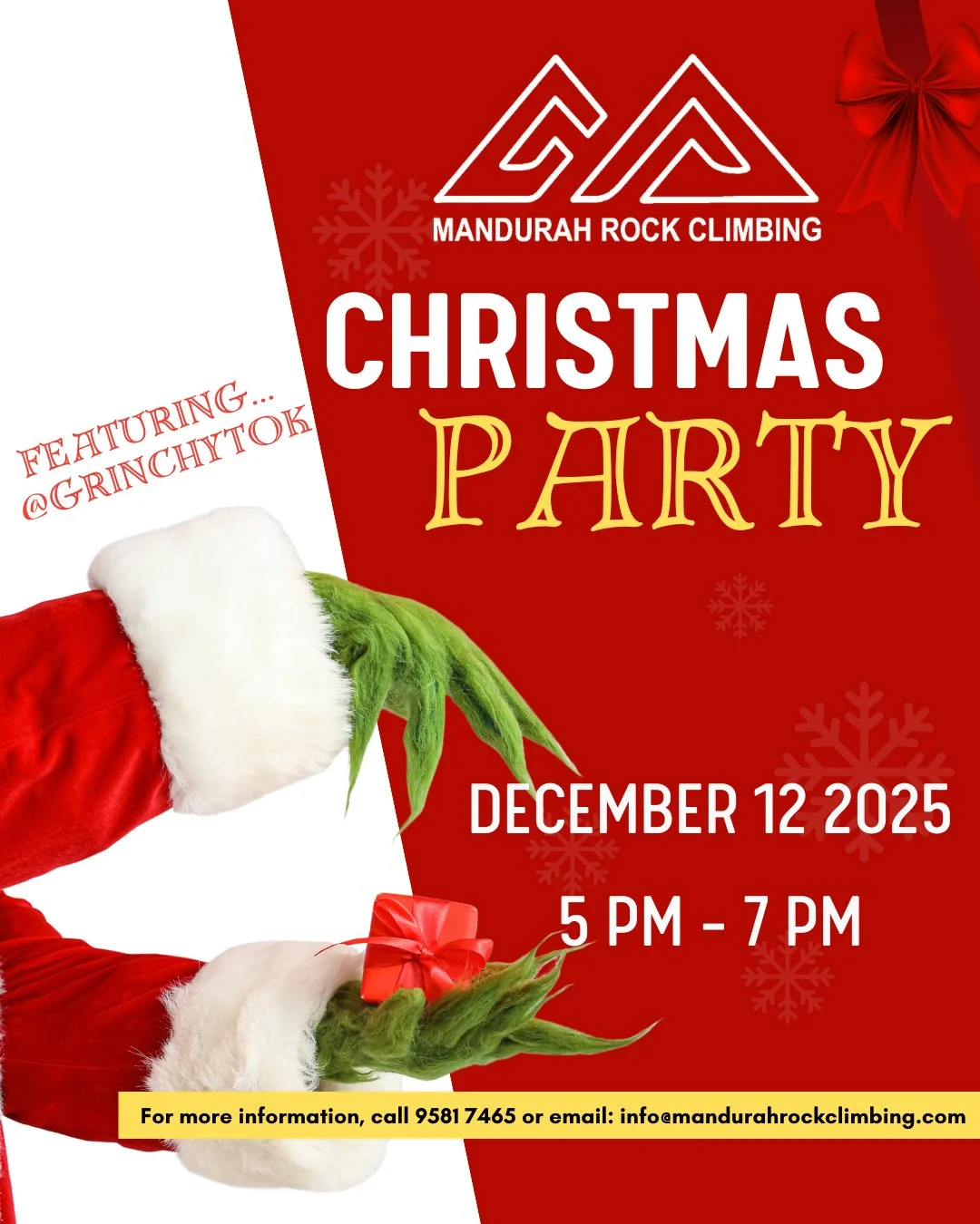 A festive poster for Mandurah Rock Climbings Christmas Party on December 12, 2025, from 5–7 PM, featuring the Grinch. Santa and Grinch hands are visible, with red and gold holiday decorations in the background.