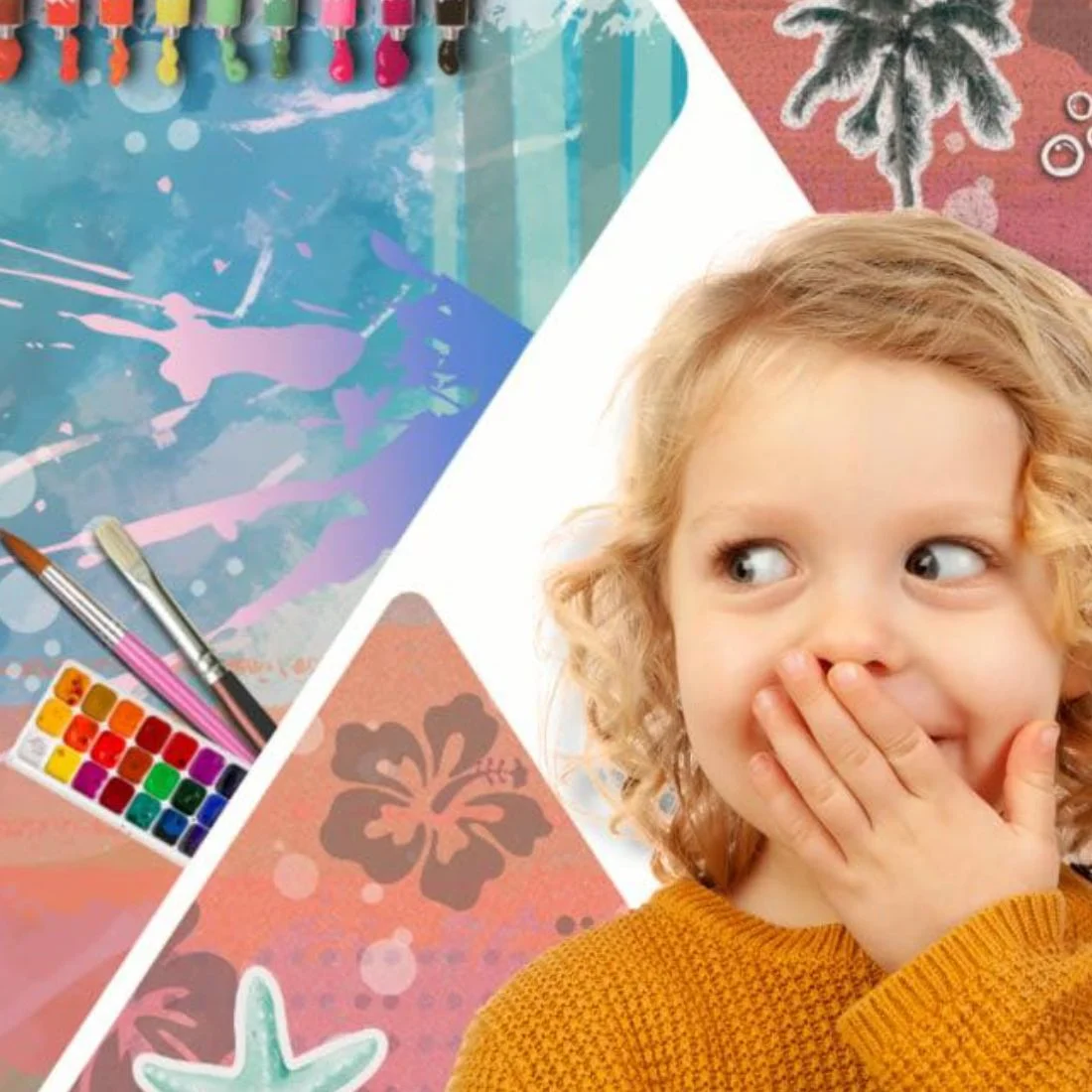 A young child with curly blonde hair and a yellow sweater smiles with a hand over their mouth. Surrounding them are tropical-themed art supplies, watercolor paints, brushes, and colorful patterns.