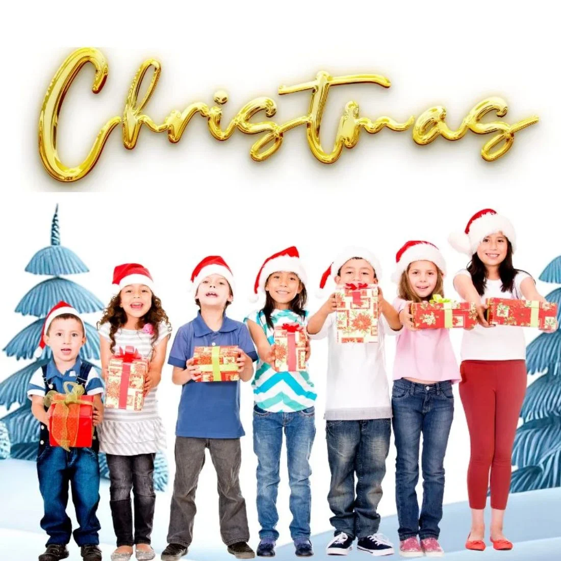 Six children wearing Santa hats stand in a row, holding wrapped gifts and smiling. Behind them are stylized blue Christmas trees, and the word Christmas is written above in gold script.