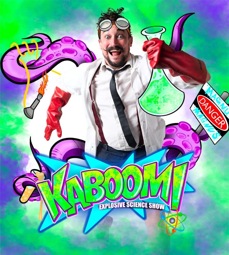 A man in a lab coat, red gloves, and goggles excitedly holds a flask. Purple tentacles, a torch, and warning signs surround him. KABOOM! Explosive Science Show is written in bold letters on a colorful background.