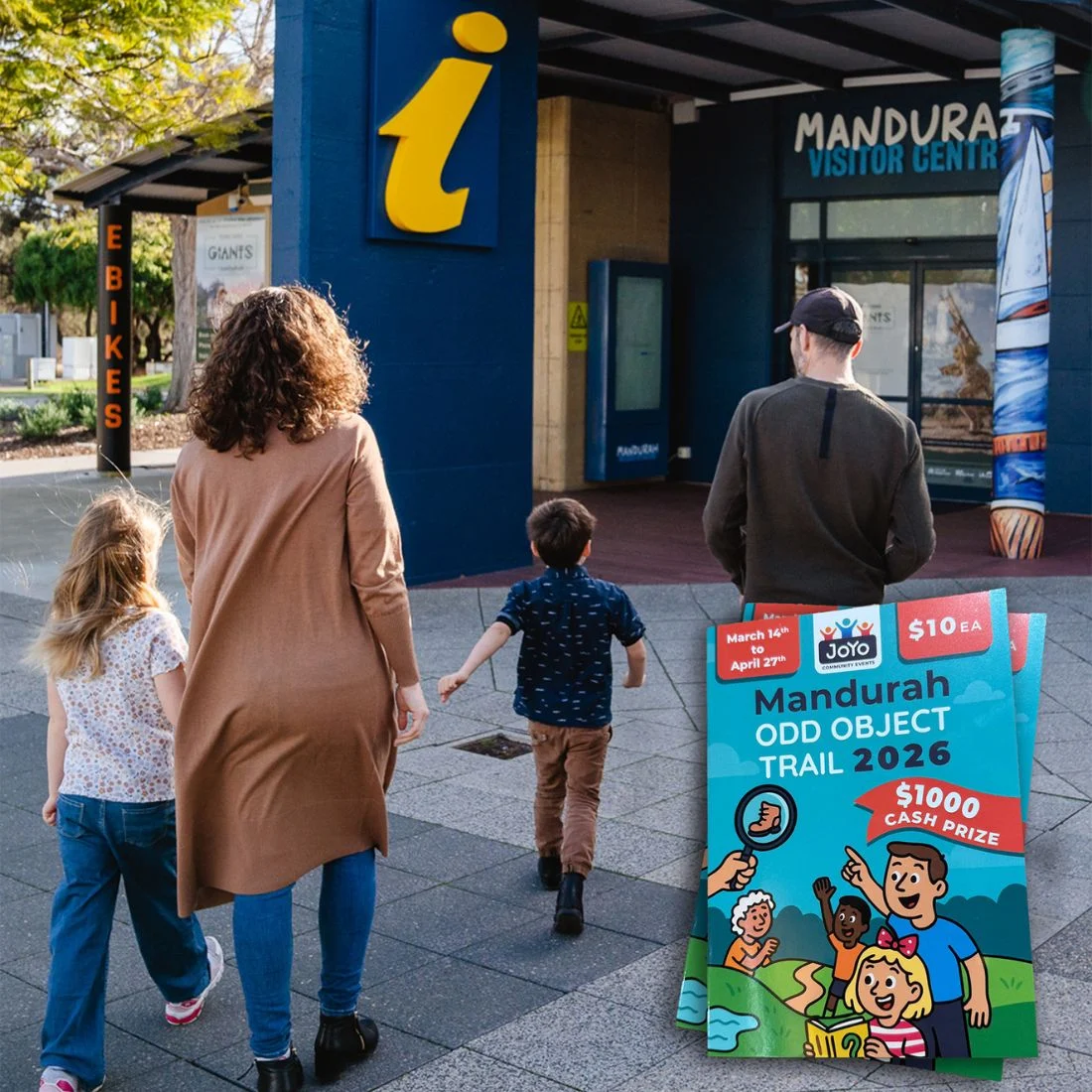 A family walks towards the Mandurah Visitor Centre, with promotional flyers for the "Mandurah Odd Object Trail 2026" featuring a $1000 cash prize visible in the foreground.
