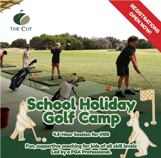 Four children practice golf at an outdoor driving range. Golf bags and clubs are visible, and trees line the background. A banner advertises a School Holiday Golf Camp for kids, with registration now open.