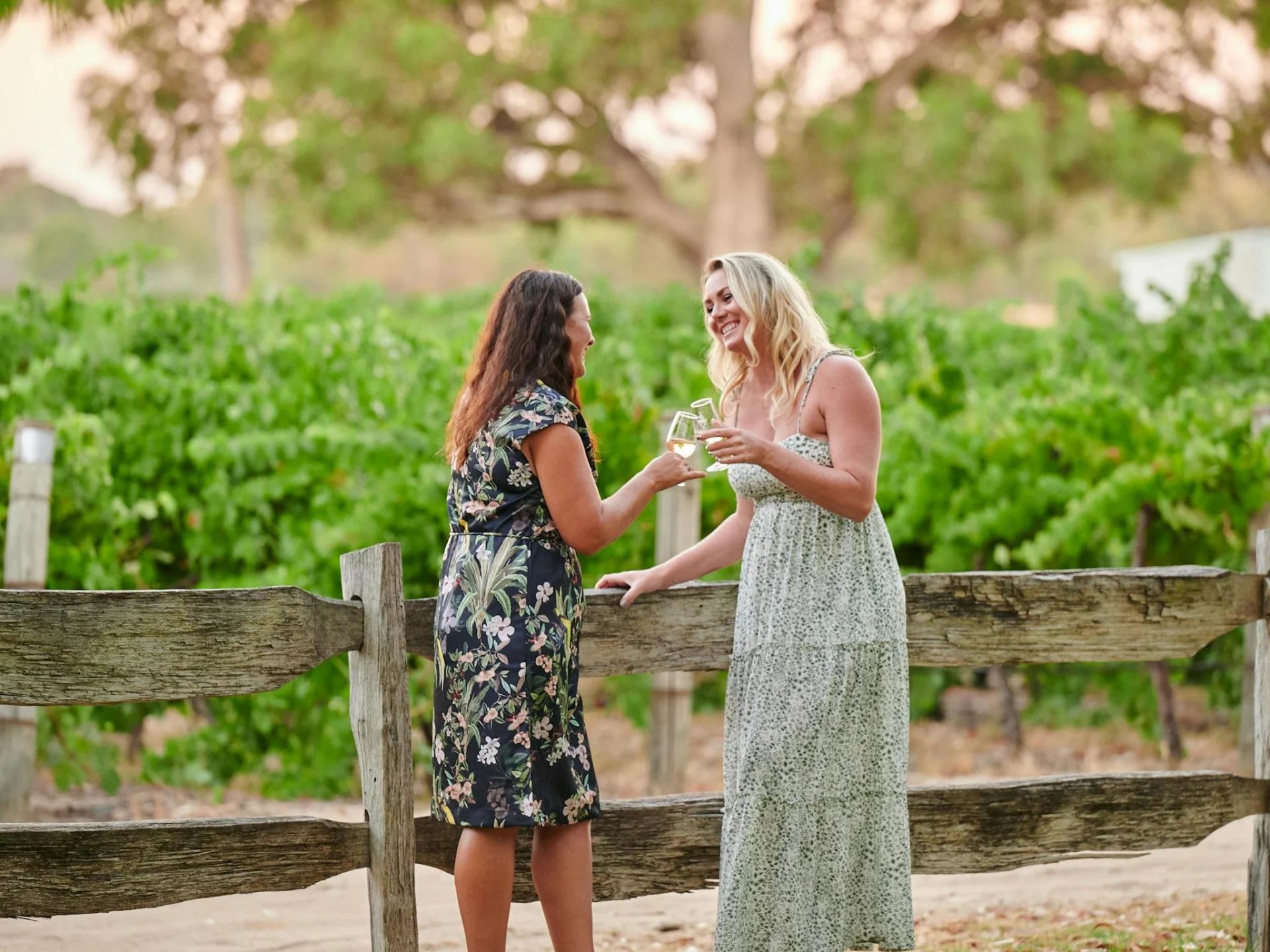 Two women in front of vines drinking wine at Peel Estate Wines