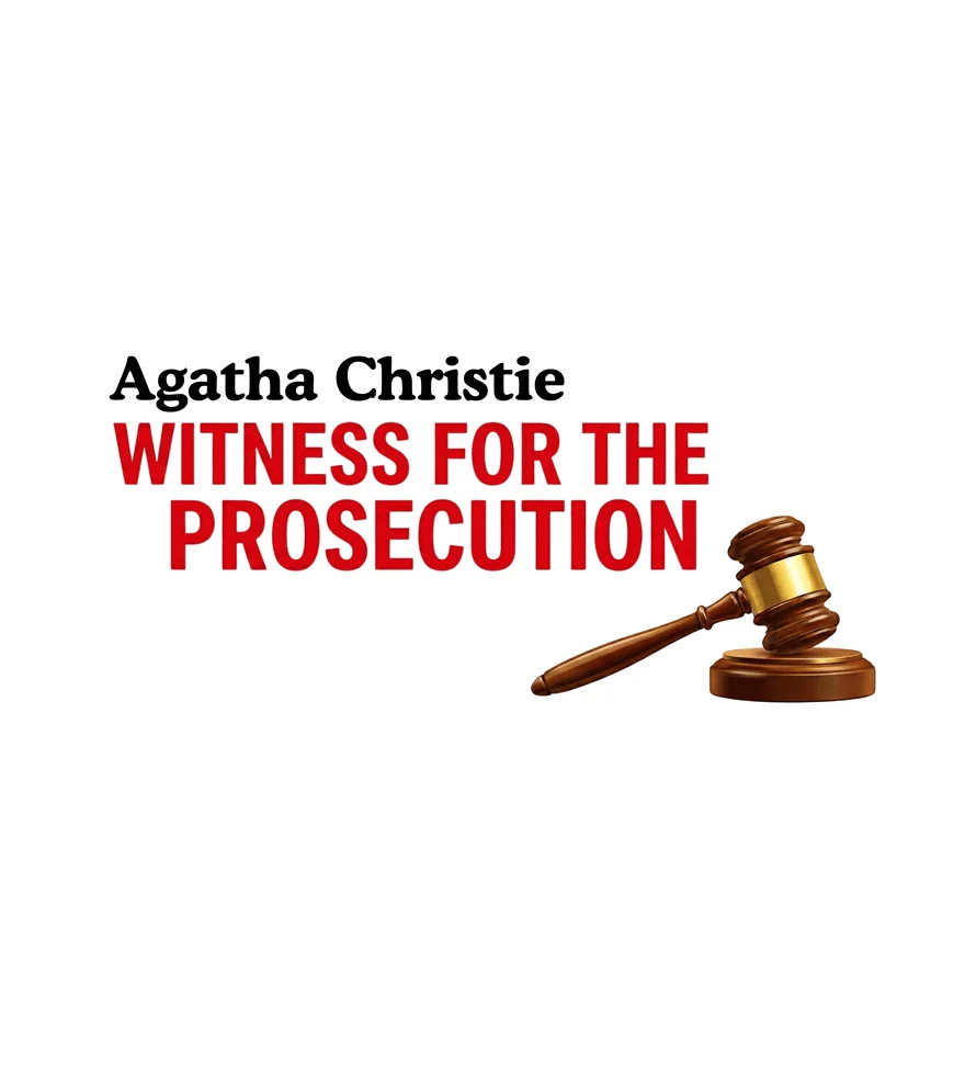 Book cover for Witness for the Prosecution by Agatha Christie, with the title in bold red and black text next to a wooden judges gavel and sound block on a white background.