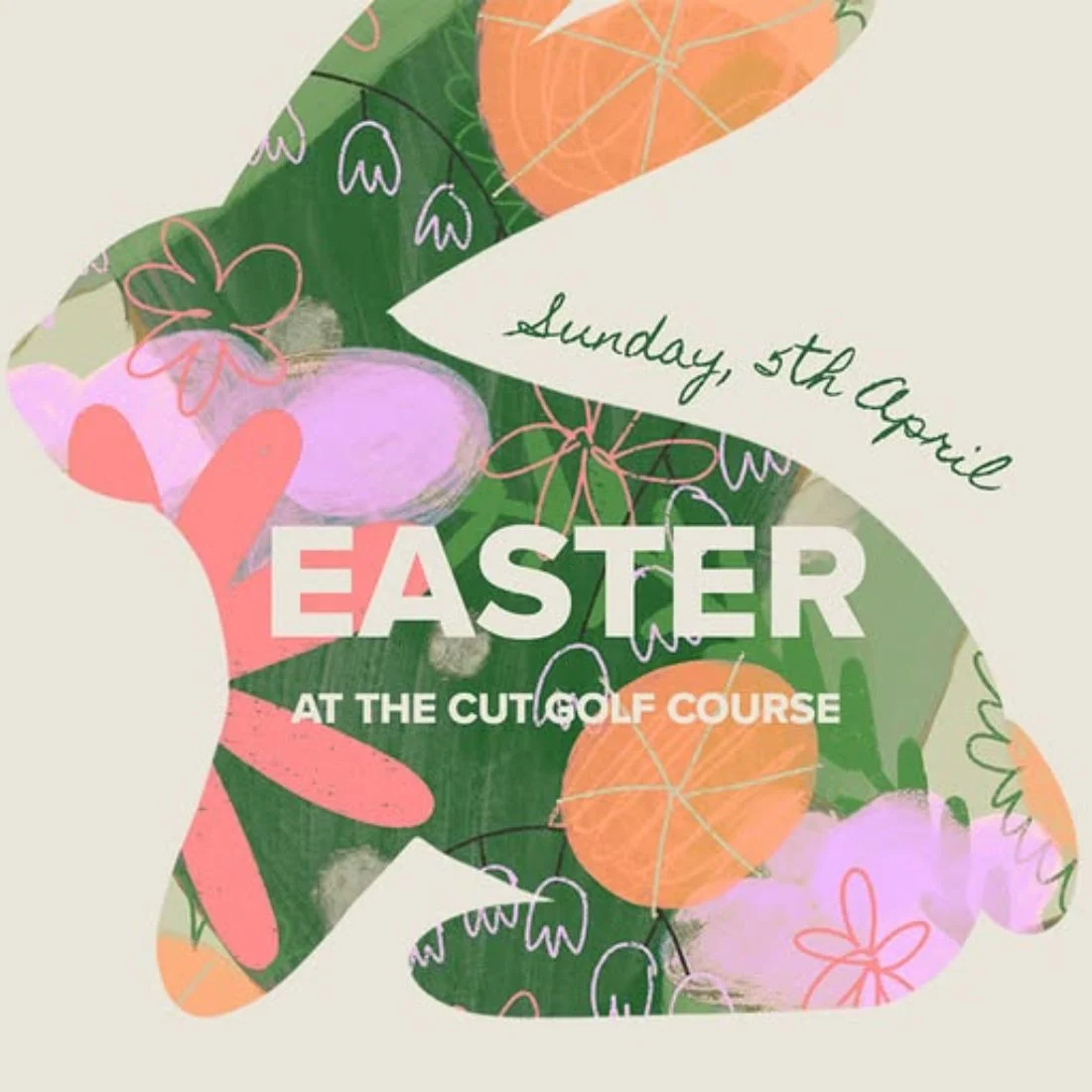 Easter event at The Cut Golf Course on Sunday, April 5th, illustrated with a stylized bunny silhouette filled with floral and Easter egg patterns.