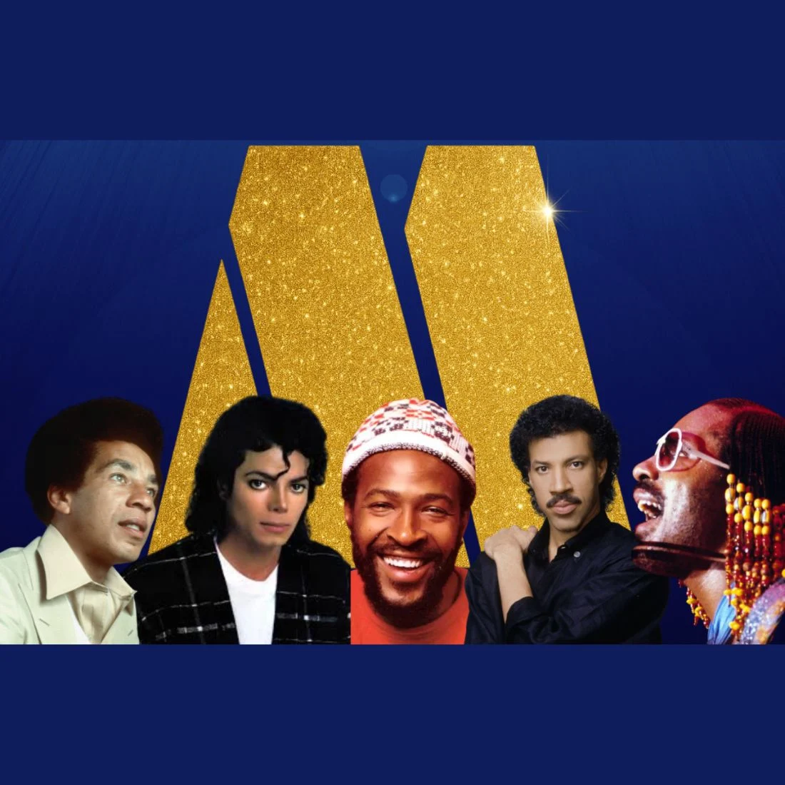 Five famous Motown artists are shown in front of a large gold M logo on a dark blue background, all facing forward and smiling or posing.