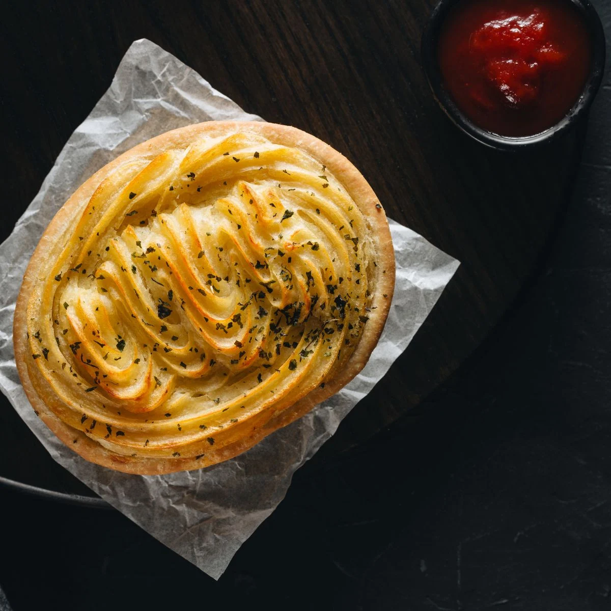 A golden-brown pie with a decorative swirl of mashed potatoes, sprinkled with herbs, sits on parchment paper next to a small bowl of ketchup.
