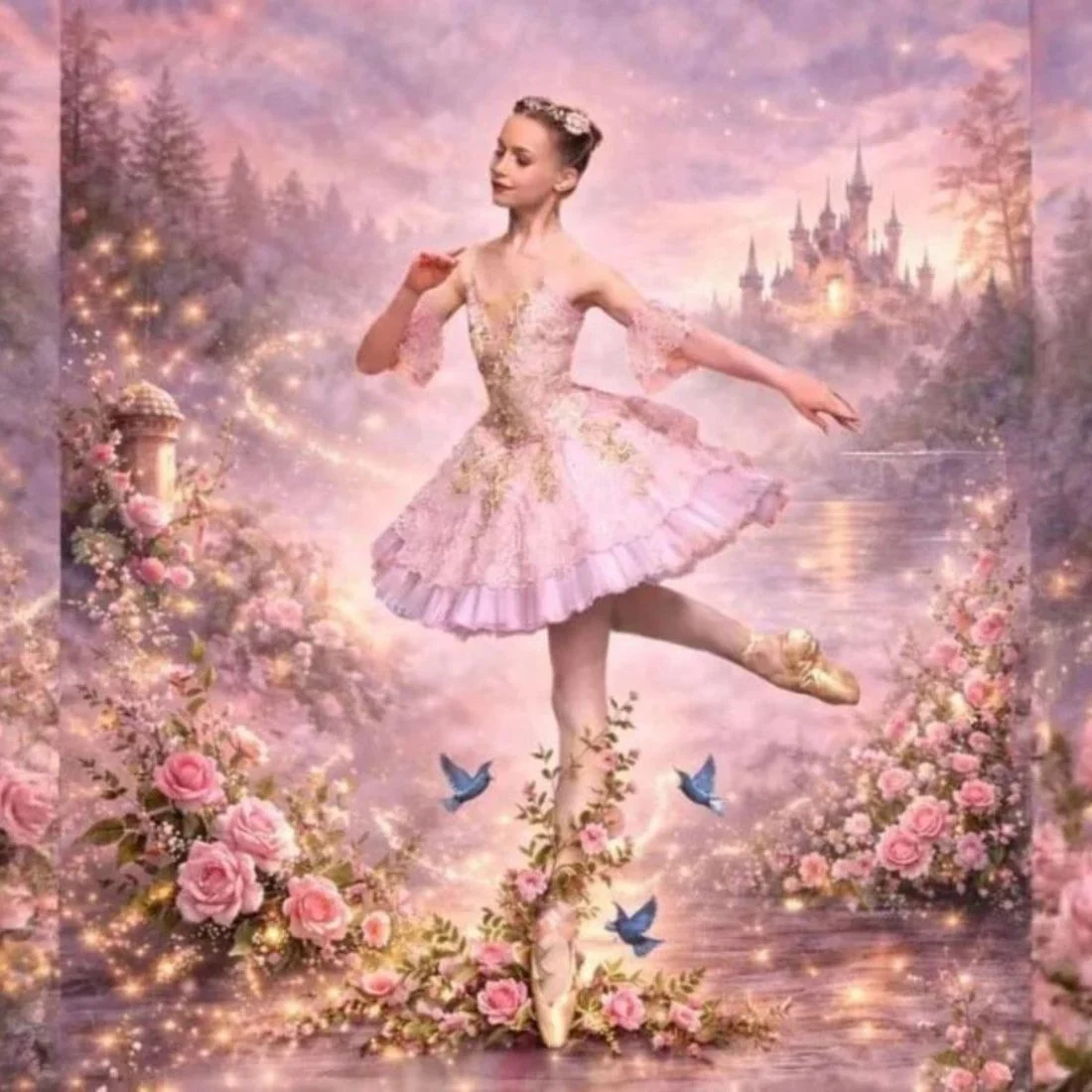 A ballerina in a pink tutu dances in a magical garden with a castle in the background and bluebirds flying around her.