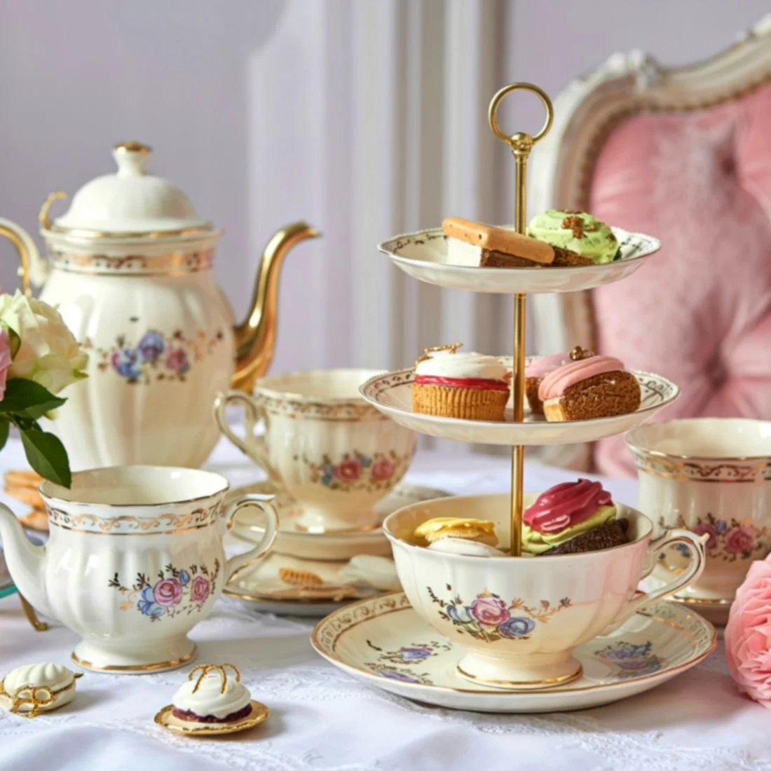 A vintage tea set with floral patterns holds tea, pastries, and cookies on a tiered stand. The table is elegantly set with cups, saucers, a teapot, and a pink tufted chair in the background.