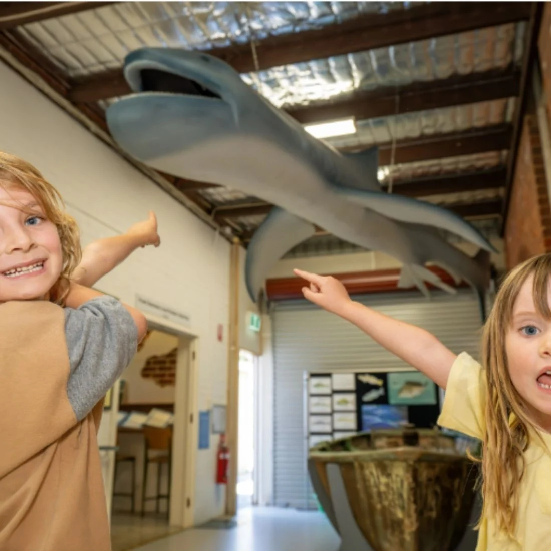 Two excited children indoors point up at a large shark model hanging from the ceiling in a museum or educational center, with informational displays visible in the background.