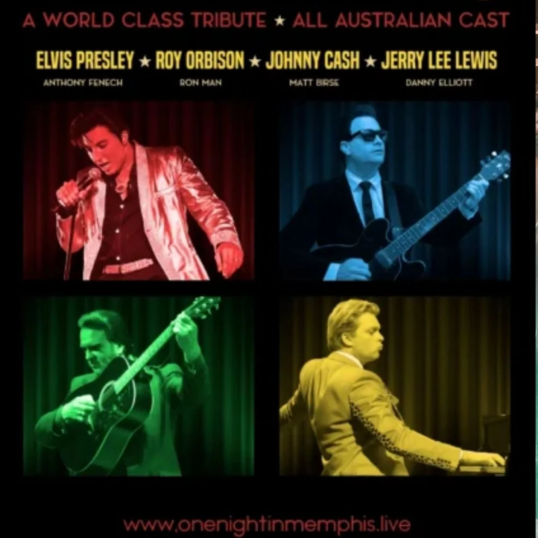 A promotional poster featuring tribute artists portraying Elvis Presley, Roy Orbison, Johnny Cash, and Jerry Lee Lewis, each in a colored square with their names and the event details for One Night in Memphis.