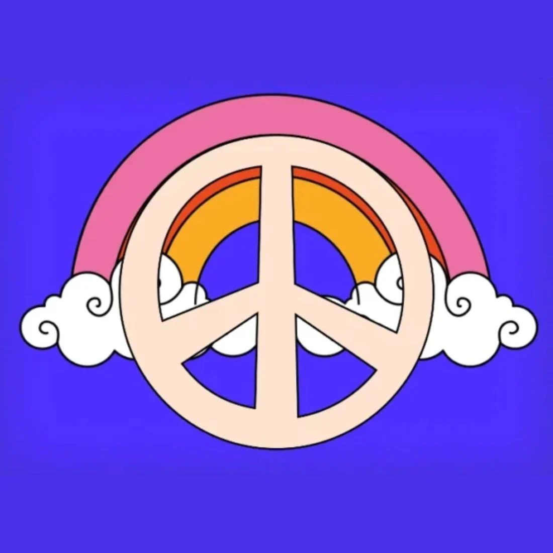 A large beige peace symbol is centered on a bright blue background, with white clouds and a red and orange rainbow arching behind it.