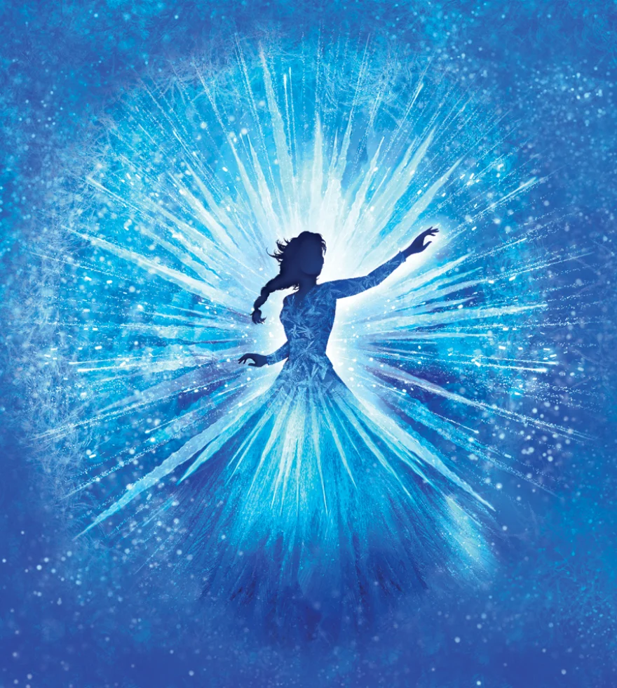 Silhouette of a woman in a flowing dress surrounded by radiant blue light and icy, snow-like bursts, evoking a magical Frozen-inspired scene.