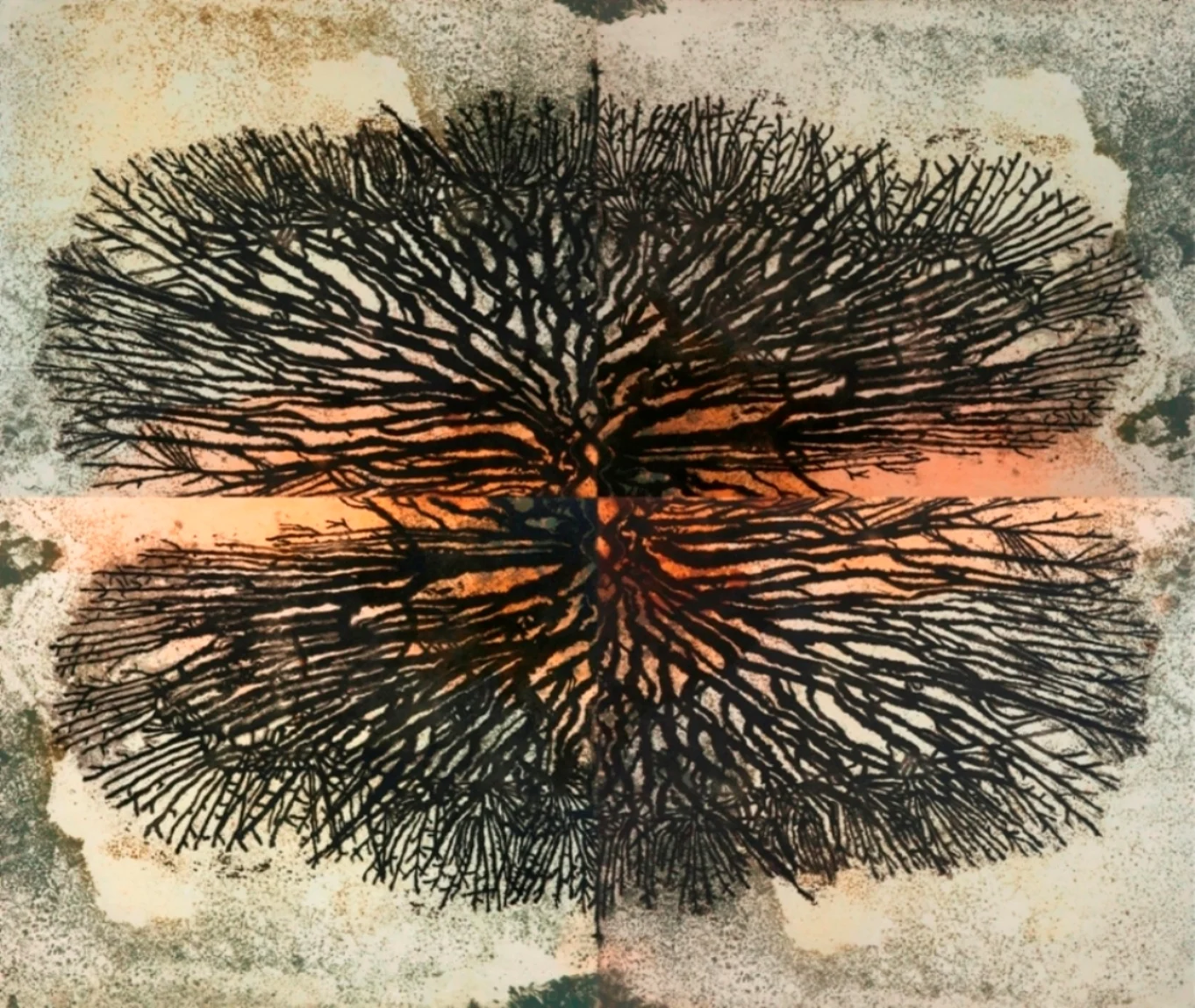 Abstract black tree-like branches spread across a background with orange and beige tones.