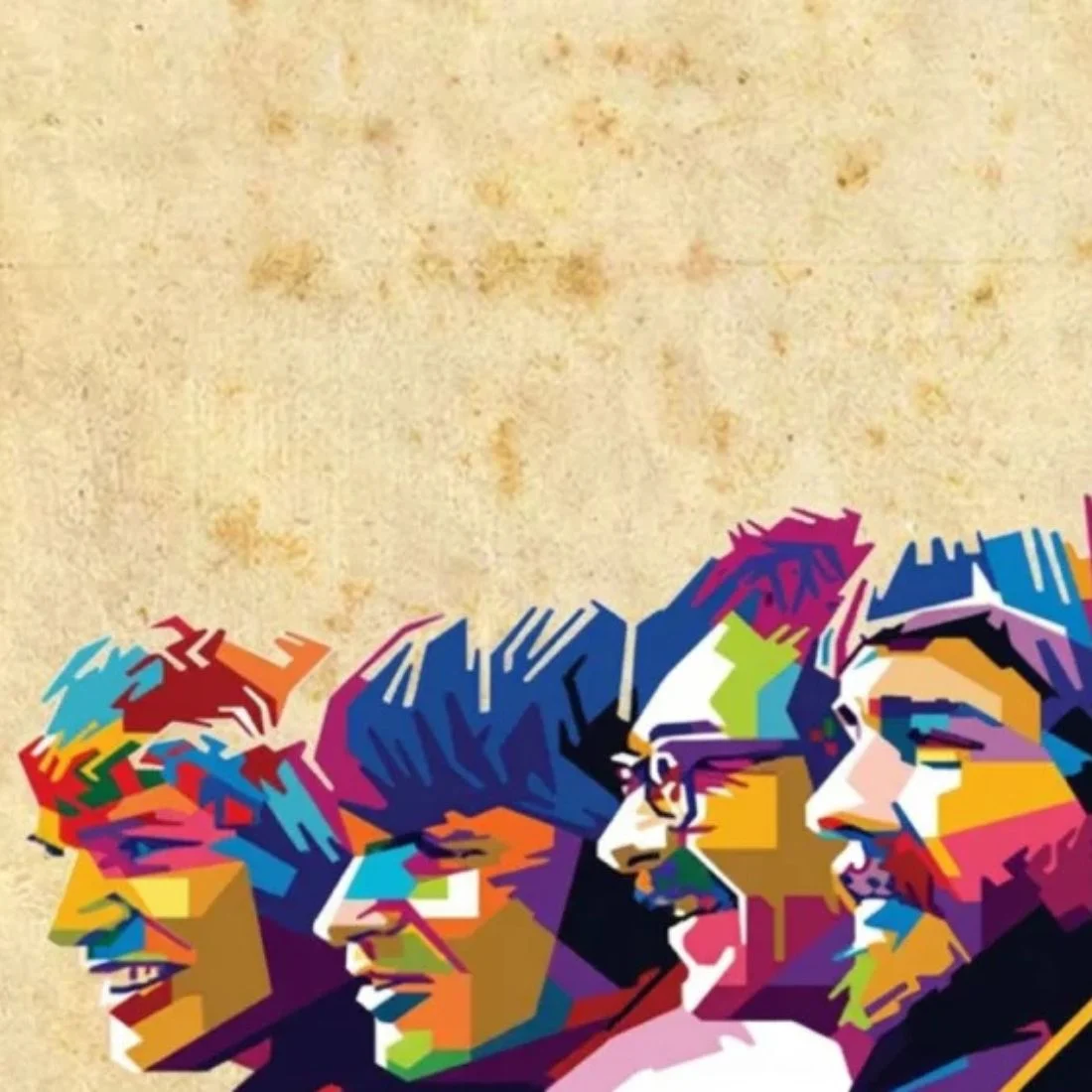 A colorful pop art illustration of four men in profile against a textured, tan background.