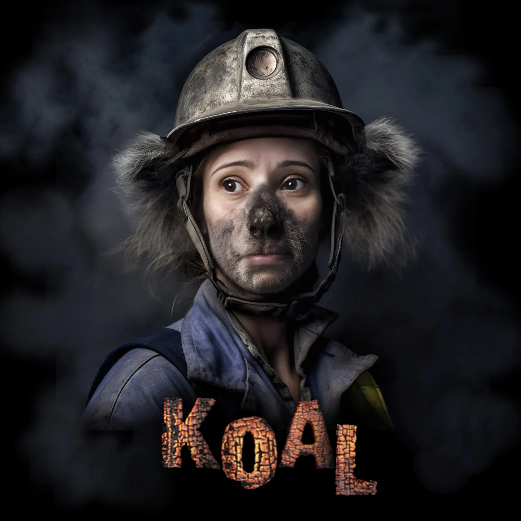A woman in a miner’s helmet with a smudged face and koala nose stands against a smoky backdrop.