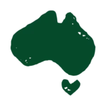A green, abstract silhouette of Australia with a small green heart shape below it, all on a white background.