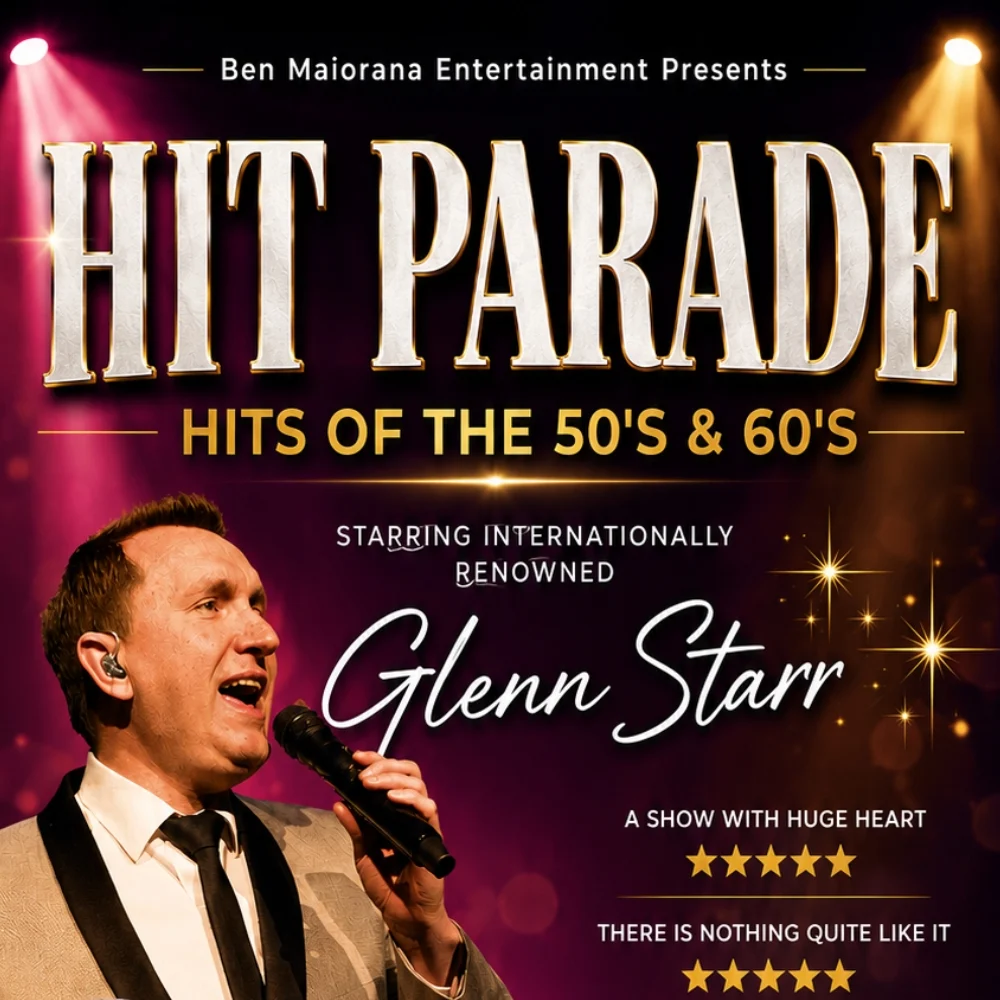 A promotional poster for Hit Parade: Hits of the 50s & 60s featuring Glenn Starr singing into a microphone, wearing a suit, with spotlights and gold text on a dark background.