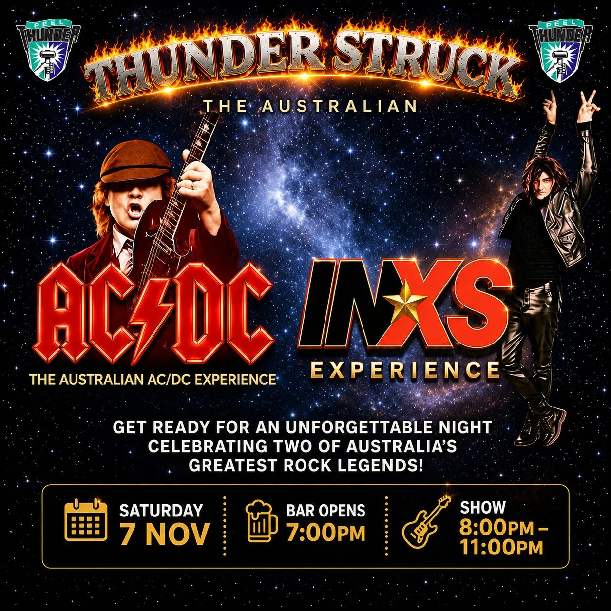 Poster for Thunder Struck: The Australian AC/DC and INXS Experience on Saturday, Nov 7. Bar opens 7pm, show 8-11pm. Features images of rock musicians and band logos in a starry background.