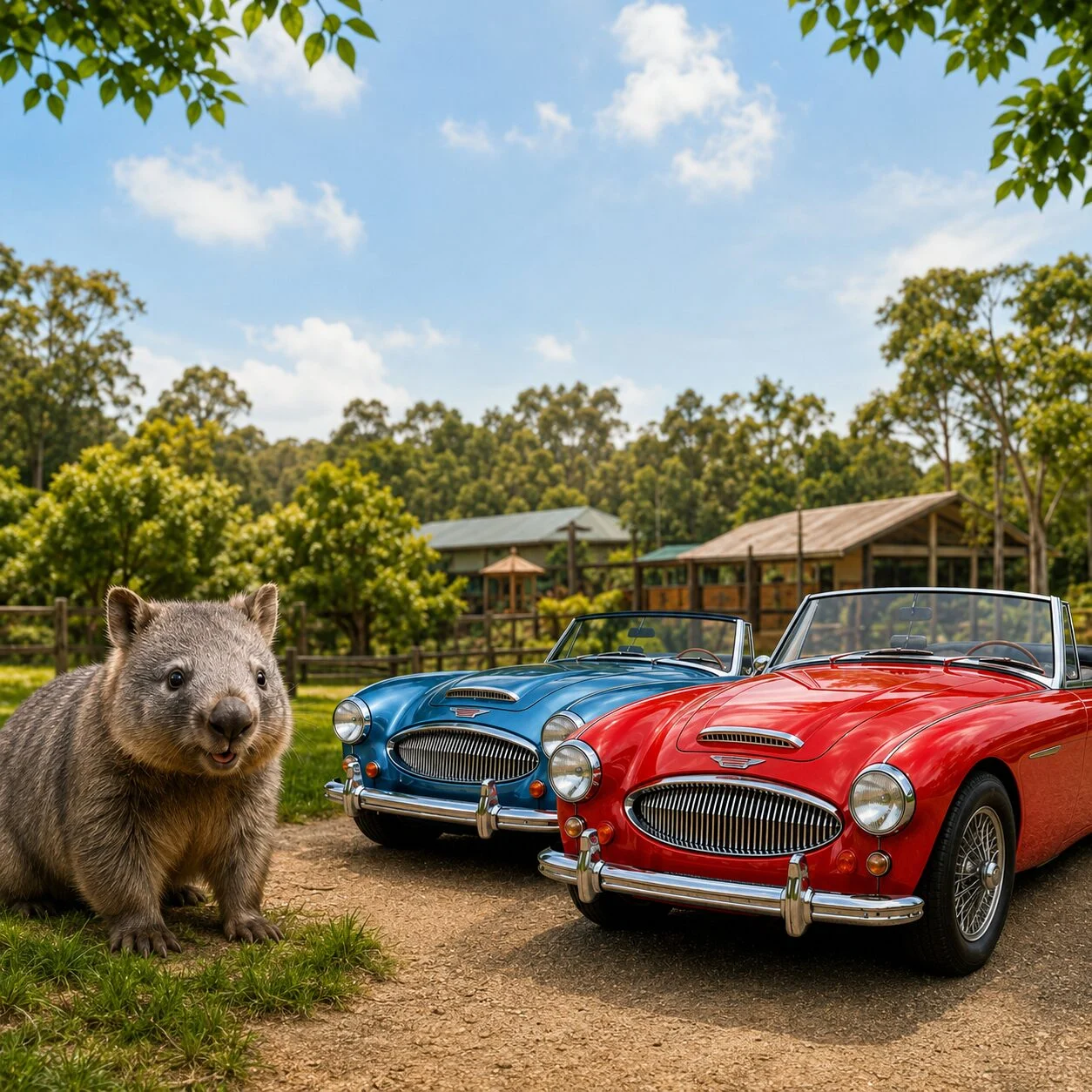 A wombat stands on a dirt path next to two classic convertibles, one red and one blue, with trees and a house in the background under a blue sky.