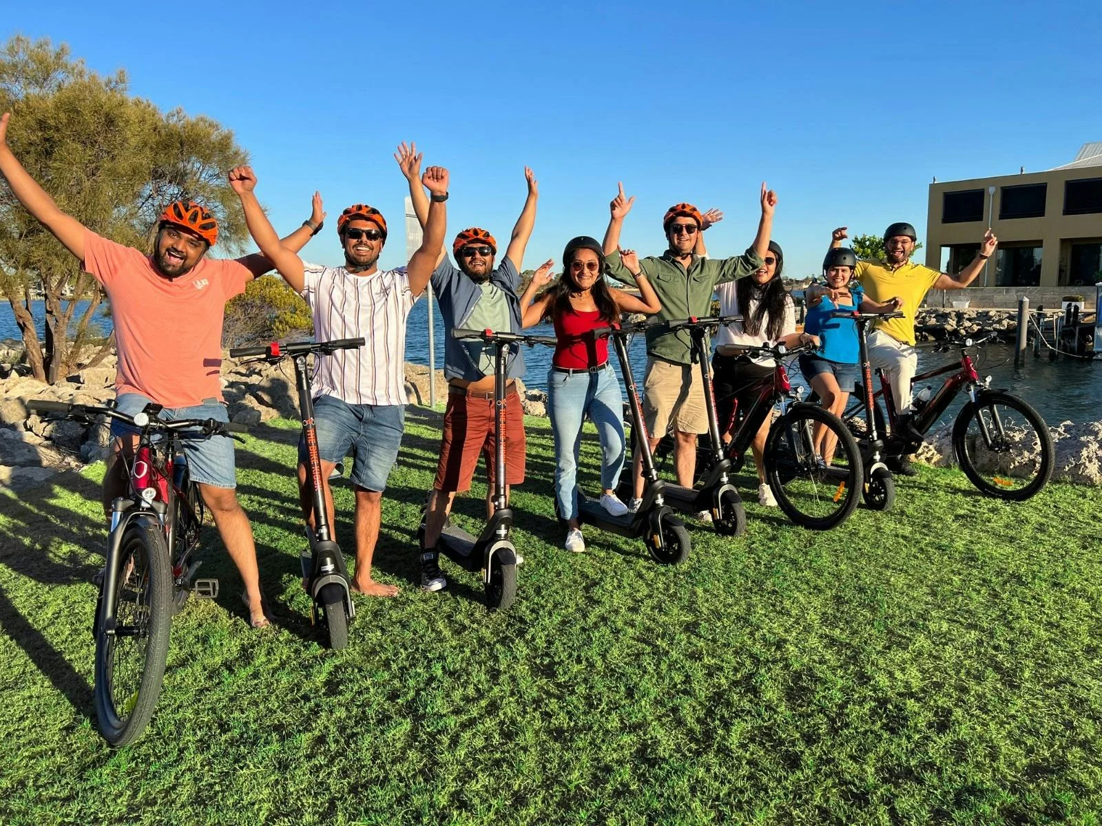 Group with ebikes and escooters on a self guided Mandurah adventure
