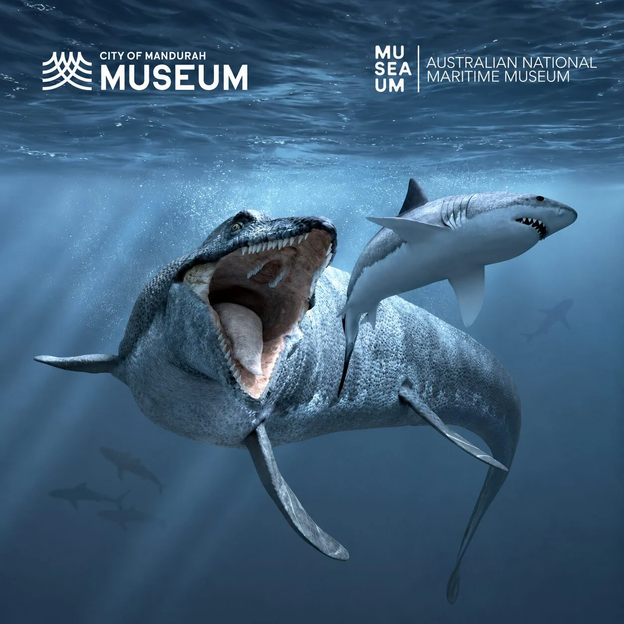 A large prehistoric marine reptile with its mouth open swims underwater near a shark. Sunlight filters through the water. Logos of City of Mandurah Museum and Australian National Maritime Museum are in the top corners.