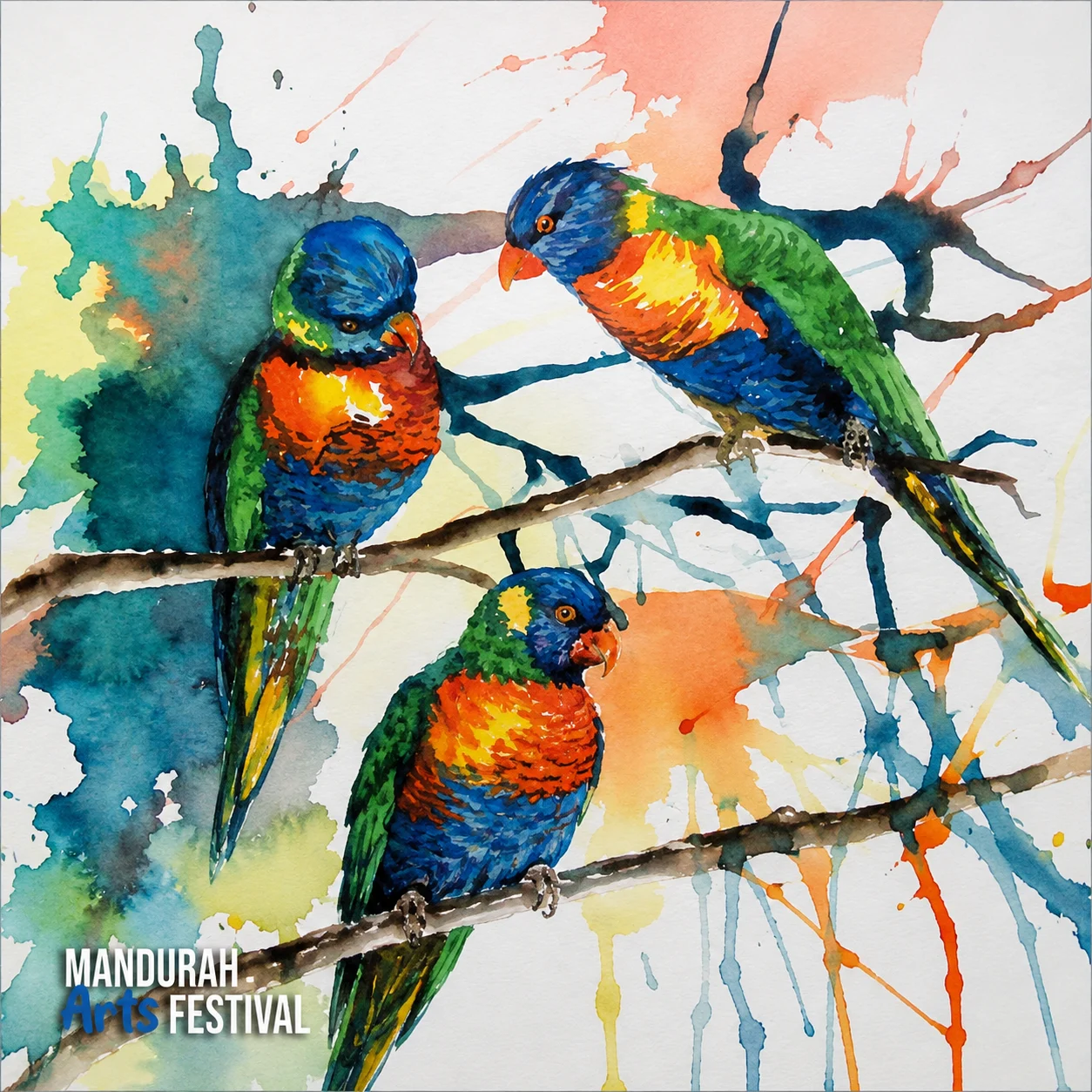 Watercolor painting of three rainbow lorikeets on branches, featuring vibrant blue, green, orange, and yellow splashes. Mandurah Arts Festival is written in the lower left corner.