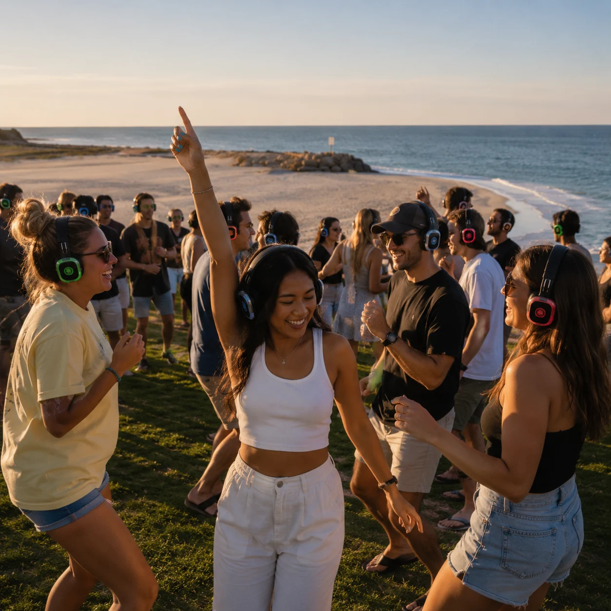 A group of people wearing headphones dance and enjoy music on a grassy area near a beach at sunset, with the ocean in the background.