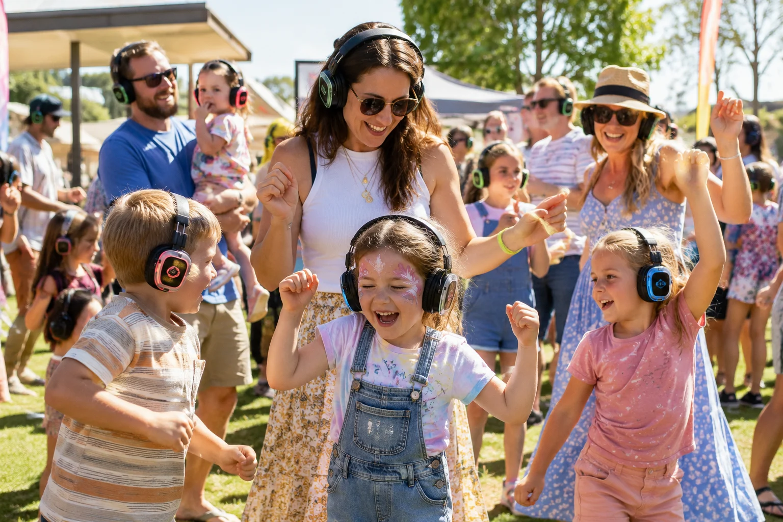 Children and adults wearing headphones dance and smile together outdoors on a sunny day, suggesting a silent disco or music event. There are trees, grass, and people celebrating in the background.