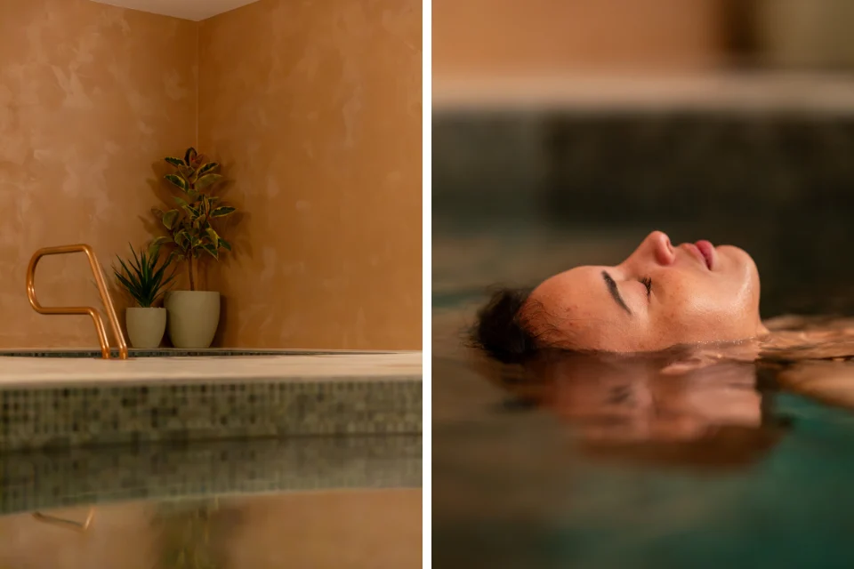 A split image shows an indoor pool with potted plants and a woman peacefully floating on her back in the water, her face relaxed and eyes closed.